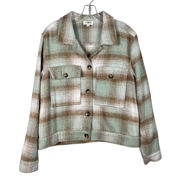 Umgee Boutique Pastel Green Brown Plaid Shacket Boxy Fit Top Medium M Fall - Picture 1 of 5